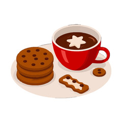 Vector art of a red cup of hot chocolate with a star marshmallow on a white plate with a stack of chocolate chip cookies and a gingerbread cookie