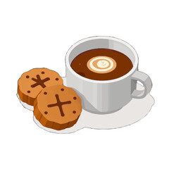 Vector art of a cup of hot coffee with latte art and two round cookies