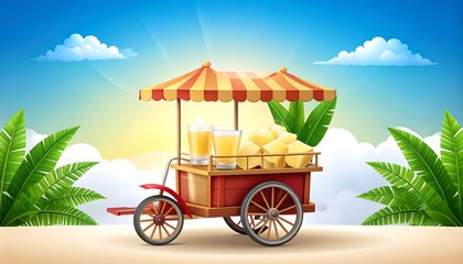 Tropical Juice Cart with Refreshing Drinks Sunny Sky and Palm Leaves.