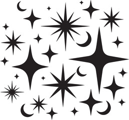 Collection of Retro Style Starbursts and Crescents Black and White Vector Pattern Background Ideal for Cosmic and Festive Themed Designs