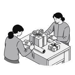 Vector art of two people wrapping gifts on a table, one person is cutting ribbon while the other is tying a bow on a present, creating a festive atmosphere