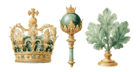 Elegant Crown, Scepter, and Leaf Illustrations on Transparent Background