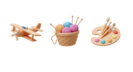 3d Cute Cartoon Hobbies Set Airplane Knitting Art Palette Isolated Transparent Background