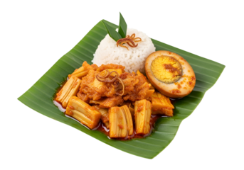 A vibrant plate of flavorful food, featuring a curry dish atop a banana leaf, accompanied by steamed rice and a boiled egg.