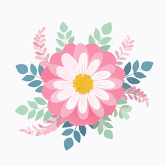 Isolated Pink Pastel Floral Design with Leaves on White Background, Botanical Elements for Decorative Cards and Invitation Creations.