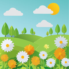 Obraz premium Abstract Paper-Cut Flower Garden with Green Foliage, Vector Illustration for Botanical Display Background and Creative Space Design