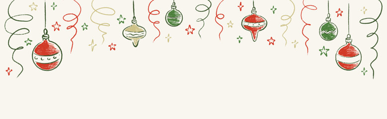 Hand drawn crayon doodle festive winter holidays horizontal rectangle background. Merry Christmas and Happy New Year greeting card, celebration party invitation. Christmas tree baubles, confetti