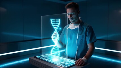 An elegant surgeon-scientist explores a shimmering holographic DNA sequence in a modern laboratory, epitomizing advanced genetic research and medical technology innovation - Powered by Adobe