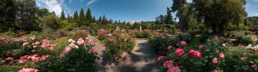 Blossoming roses in a serene garden portland nature photography sunny day panoramic view tranquility