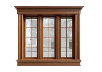 Ornate wooden window with three panes, showing a view of a residential exterior