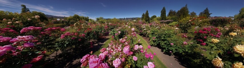 Vibrant rose garden blooms city park floral photography sunny day panoramic view nature's beauty