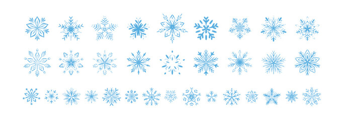 Set of hand drawn crayon snow flake line icon symbols. Frozen winter ice crystal. Minimal Merry Christmas and Happy New Year fancy whimsical design elements. Pastel, paintbrush filigree background
