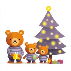 Cute Cartoon Bears Celebrating Christmas with Presents and Tree