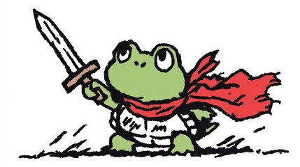 Brave frog knight holding sword with red cape ready for adventure