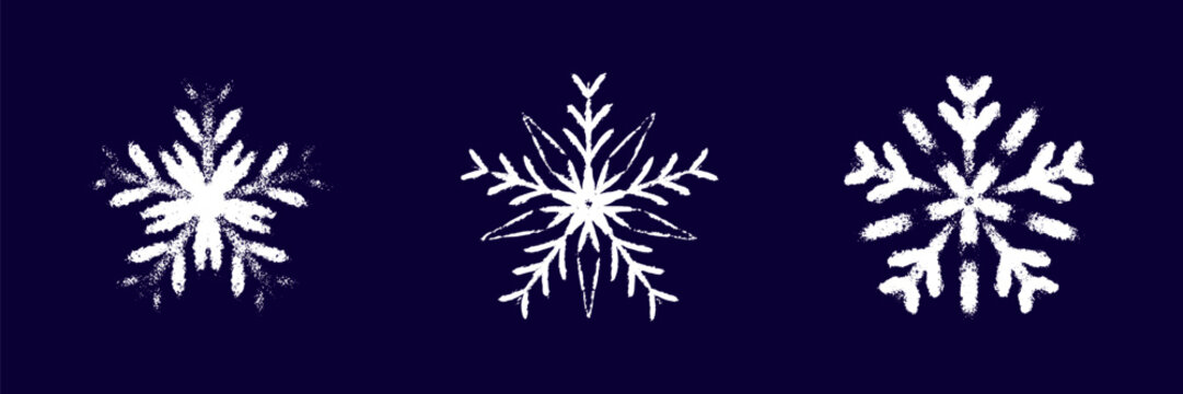 Childish snow flake white chalk drawing on dark blue blackboard. Crayon, pastel whimsical snowflakes hand drawn scribbles. Merry Christmas and Happy New Year winter design elements - Powered by Adobe