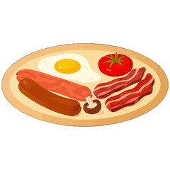 Vector art of a delicious and hearty breakfast plate featuring a fried egg, two strips of bacon, a sausage, a tomato, and a mushroom