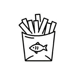 Vector art of simple line art icon of a box of french fries with a fish logo, isolated on a