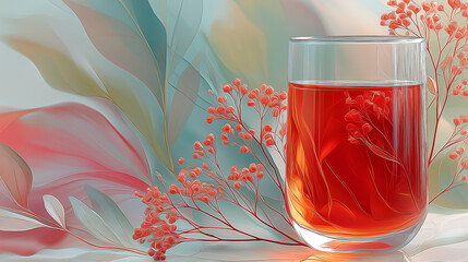 유리잔에 담긴 오미자차, 추상적인 배경에 선명한 붉은색 톤의 색조와 질감-Omija tea in a glass, with vivid red tones and textures on an abstract background