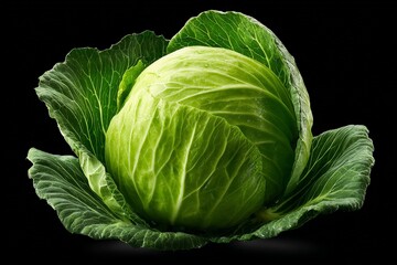Obraz premium Fresh green cabbage highlighted against a dark background showcasing its vibrant leaves and round shape