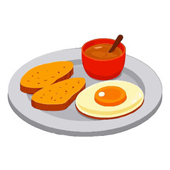 Vector art of a delicious breakfast meal served on a plate, featuring toast, a fried egg, and a cup of coffee