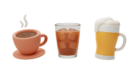 3d Cute Cartoon Drinks Set Coffee Iced Tea Beer Mug Isolated Transparent Background