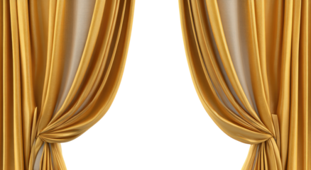 Golden theater curtains open, revealing black void