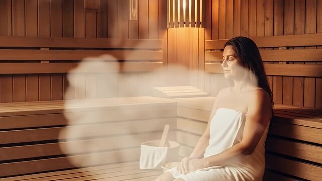 Peaceful Woman in White Towel Enjoying Warm Steam Bath in Wooden Sauna with Soft Lighting a Tranquil Scene for Relaxation and Wellness Promotion more than 170 character count