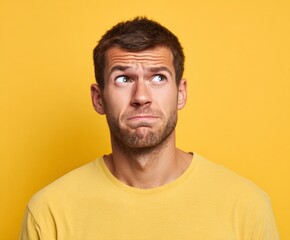 Obraz premium Close-up portrait of a man wearing a mustard-yellow t-shirt, with a thoughtful and curious expression, looking upward against a bright, vibrant yellow backdrop.