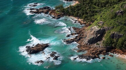 Fototapeta premium Turquoise Coastline With Rocky Shore And Foamy Waves