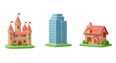 3d Cute Cartoon Buildings Set Castle Skyscraper House Isolated Transparent Background