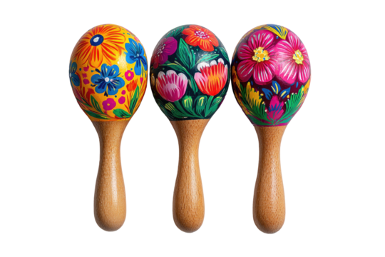 Three colorful hand-painted maracas, arranged horizontally, with wooden handles and vibrant floral designs