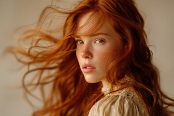 Naklejka premium Portrait of a young woman with fiery red hair, soft lighting, and a pensive gaze. Wind tousles her locks, creating movement and a natural, ethereal mood.