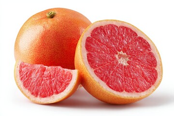 Fresh pink grapefruit halves and segments showcasing vibrant color and texture on white background