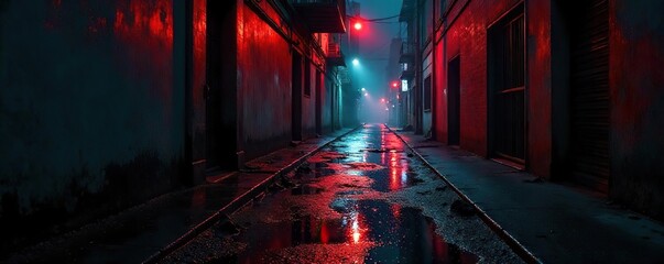 Rain slicked city street at night, a single red light reflecting on a pool of dark liquid, abandoned alleyway, urban decay, ominous shadow , horror, streetlight