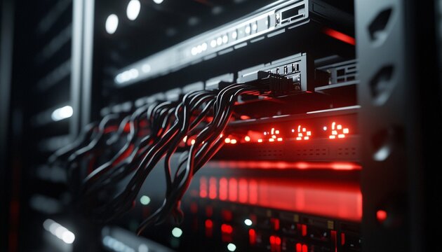 The image shows a close-up view of a server rack with multiple black cables connected to it, and red lights illuminating some of the components.