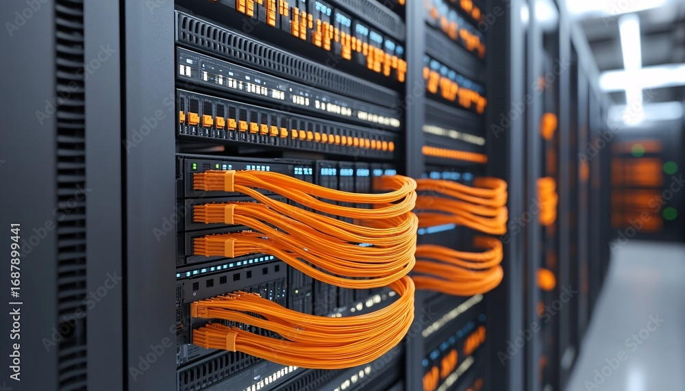 Poster the image shows a data center with multiple servers and numerous orange fiber optic cables connectin