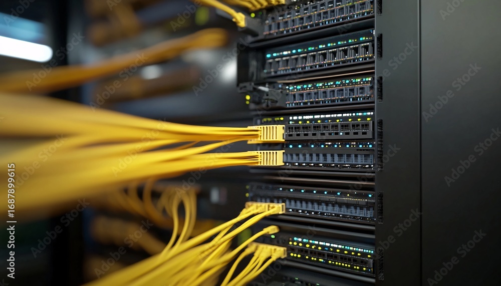Poster the image shows a close-up view of a network server rack with numerous yellow cables plugged into it