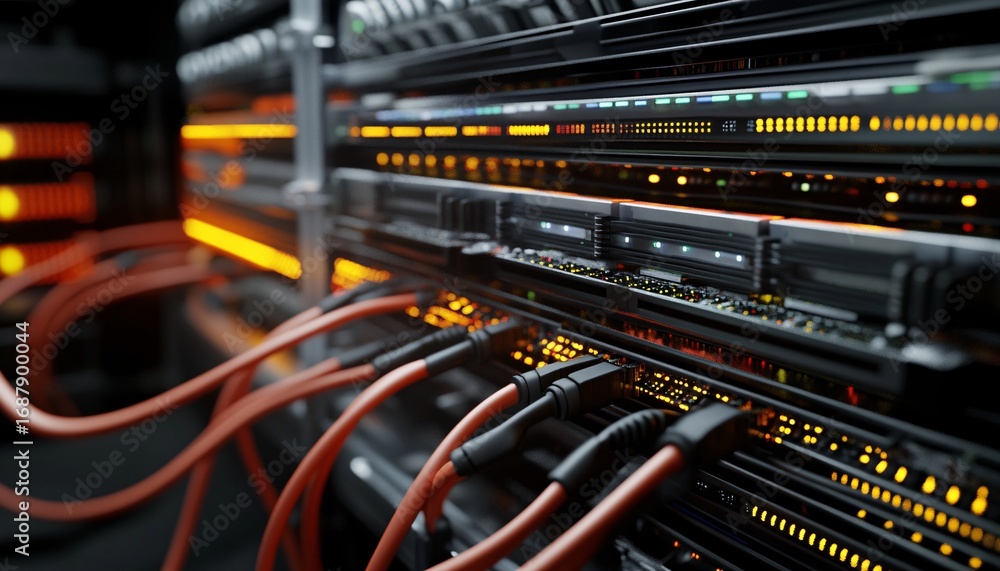Poster the image shows multiple orange network cables connected to a server rack with glowing lights indica
