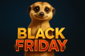 Charming meerkat holding a bold "Black Friday" sign with a cheerful expression, ideal for promotional and marketing materials for sales and discounts.