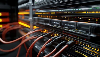 The image shows multiple orange network cables connected to a server rack with glowing lights indicating activity.