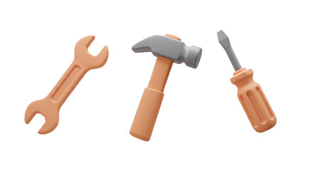 3d Cute Cartoon Tools Set Wrench Hammer Screwdriver Isolated Transparent Background