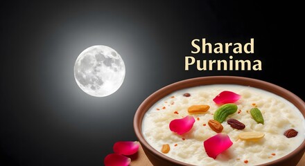 Sharad Purnima celebration with full moon night and traditional kheer garnished with dry fruits and rose petals, symbolizing prosperity, health, and Indian cultural rituals