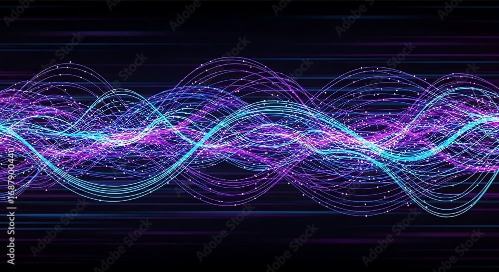 Poster abstract digital data flow with glowing blue and purple wavy lines and connected particles