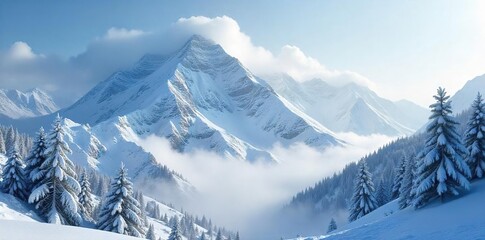 Obraz premium Majestic snow-covered mountain range engulfed in a fierce blizzard, swirling snow obscures the peaks, creating a dramatic winter wonderland scene , nature, clouds