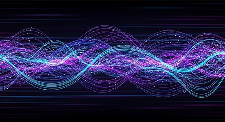Abstract Digital Data Flow with Glowing Blue and Purple Wavy Lines and Connected Particles