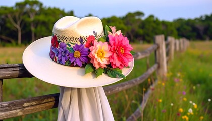 A decorated hat hangs on a fence