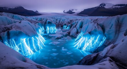Luminous Blue Lightning Veins Glowing in Glacier Ice Cave with Serene Glacial Lake and Mountains at Twilight