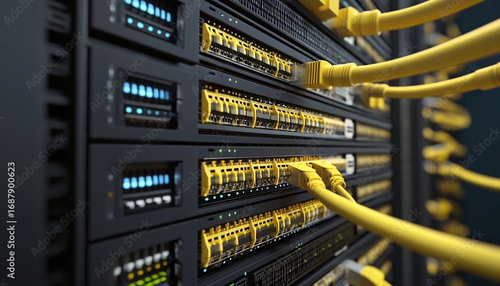 Poster the image shows a close-up view of a network server rack with multiple yellow ethernet cables plugge