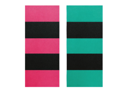 Two vertical panels of horizontal stripes.  Pink and teal, black stripes