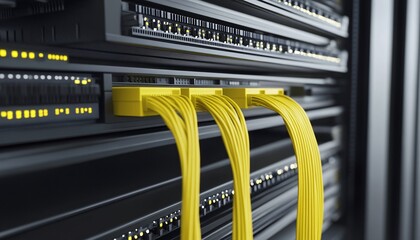 The image shows multiple yellow network cables connected to ports on a black server rack, with indicator lights illuminating.